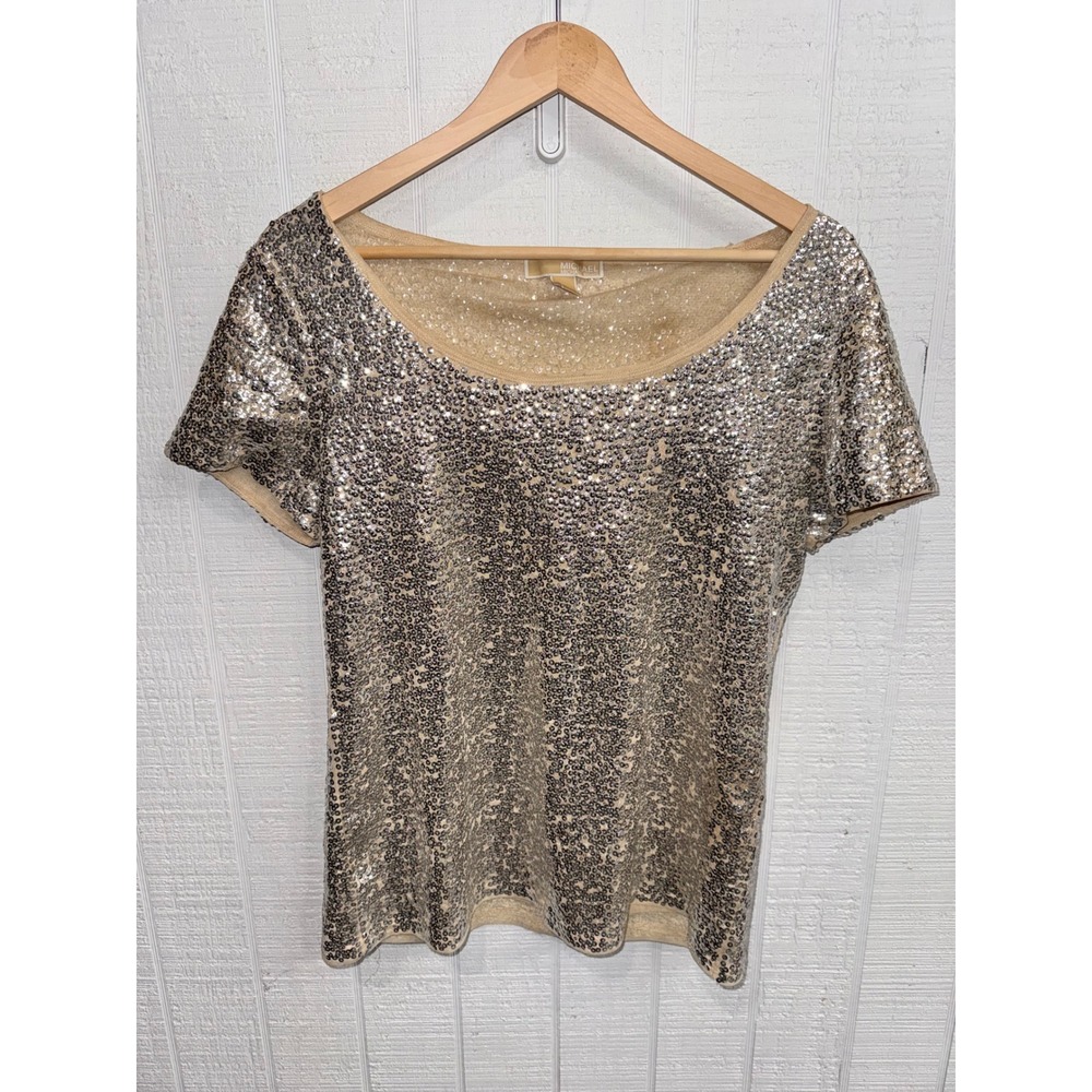 Michael Kors Sequin Top Women Gold Short Sleeve Glam Party Size L